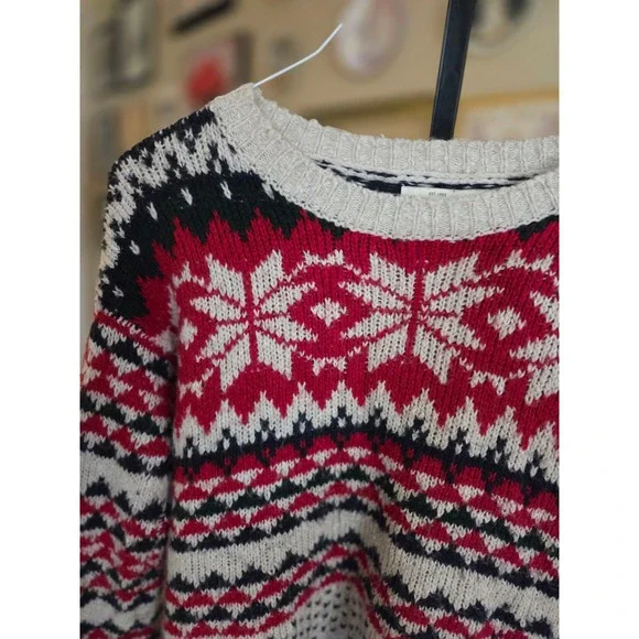 Abercrombie Fitch Fair Isle Snowflake Sweater Red Black Beige Womens M - Picture 4 of 5
